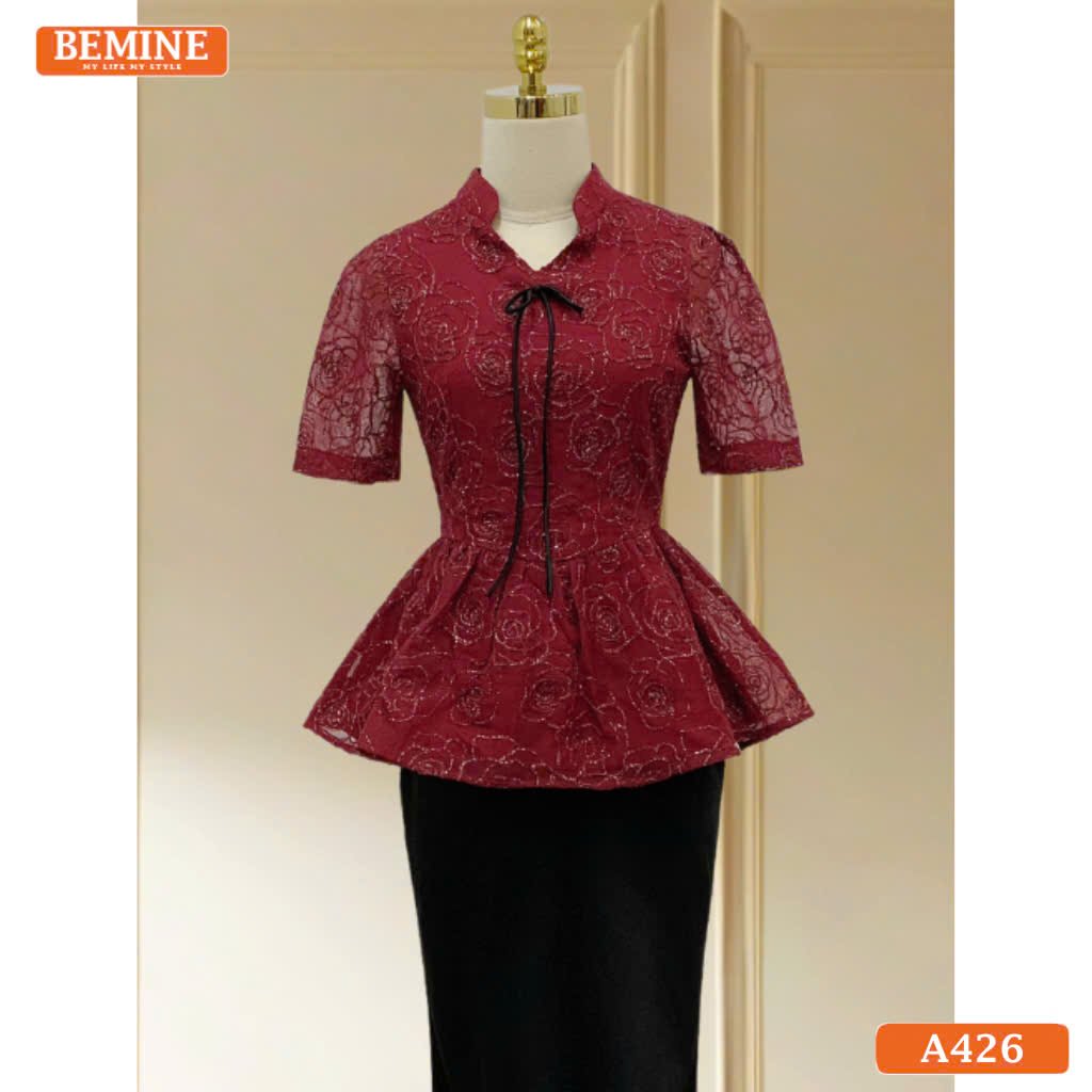 Áo thiết kế BEMINE dáng peplum cổ V tơ thêu hoa A426