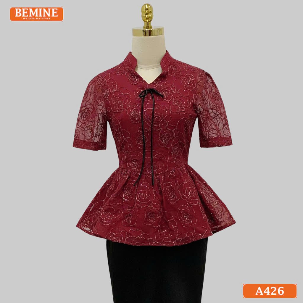 Áo thiết kế BEMINE dáng peplum cổ V tơ thêu hoa A426