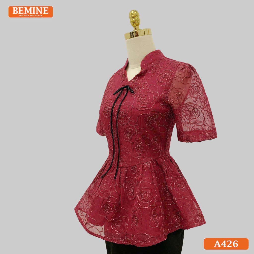 Áo thiết kế BEMINE dáng peplum cổ V tơ thêu hoa A426