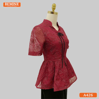 Áo thiết kế BEMINE dáng peplum cổ V tơ thêu hoa A426