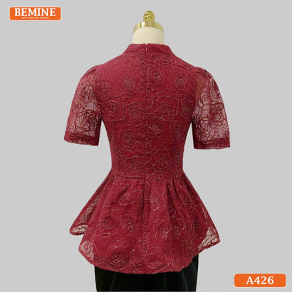 Áo thiết kế BEMINE dáng peplum cổ V tơ thêu hoa A426