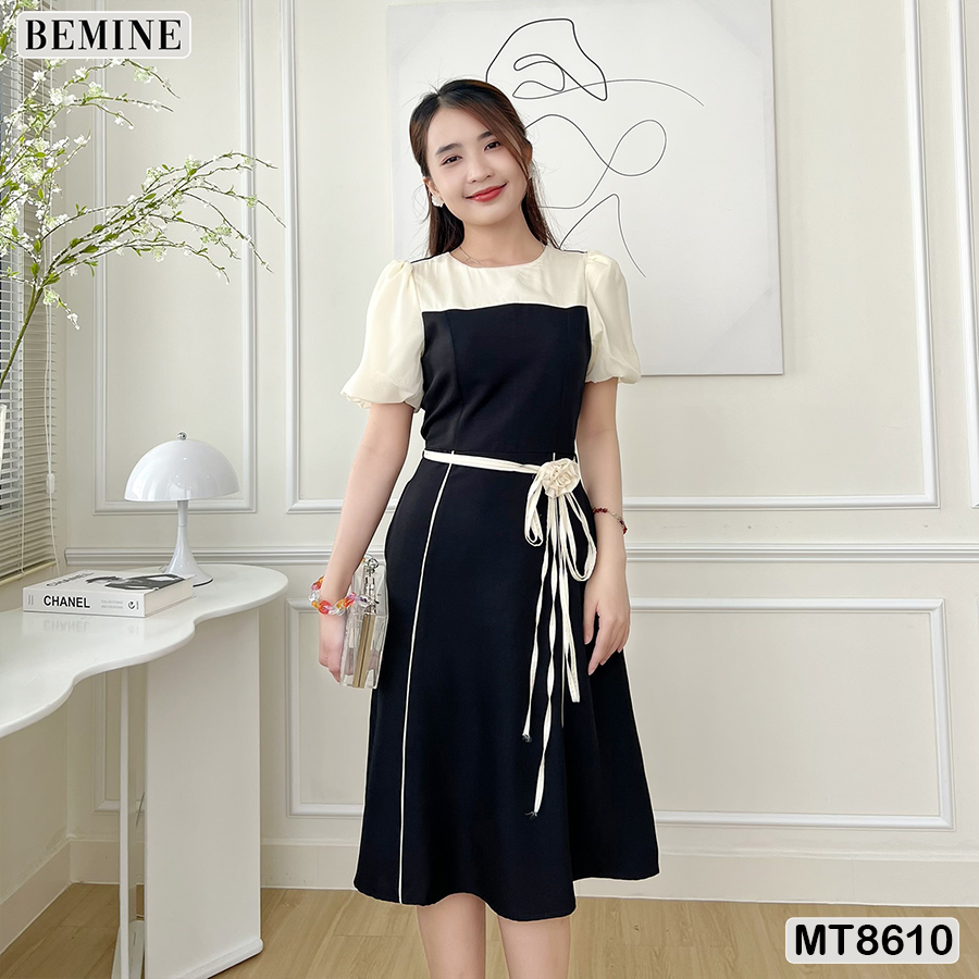 Đầm Thiết Kế BEMINE Phối Tay Phồng Đính Nơ Eo MT8610