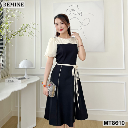 Đầm Thiết Kế BEMINE Phối Tay Phồng Đính Nơ Eo MT8610