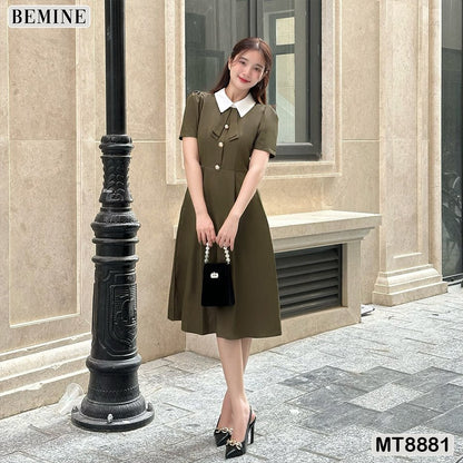 Đầm thiết kế BEMINE cổ sen đính nơ tay ngắn dáng xoè MT8881