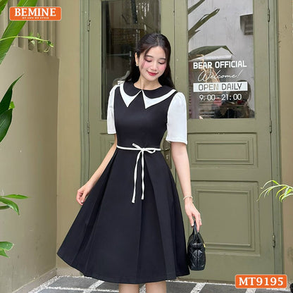 Đầm thiết kế BEMINE cổ phối tay phồng thắt nơ eo MT9195