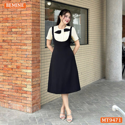 Đầm thiết kế BEMINE cổ tròn giả yếm nơ kiểu dáng chữ A MT9471