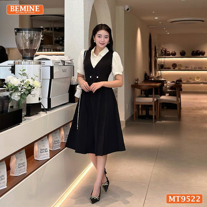 Đầm Thiết Kế BEMINE Cổ Sơ Mi Dáng Dài Vạt Chéo Đính Nút MT9522