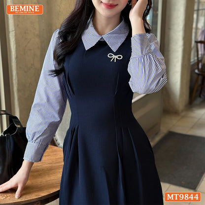 Đầm thiết kế BEMINE cổ đức dáng dài xếp ly eo tay dài phối sơ mi kẻ MT9844