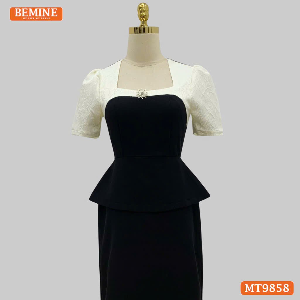 Đầm thiết kế BEMINE cổ vuông phối gấm peplum dáng liền bút chì MT9858