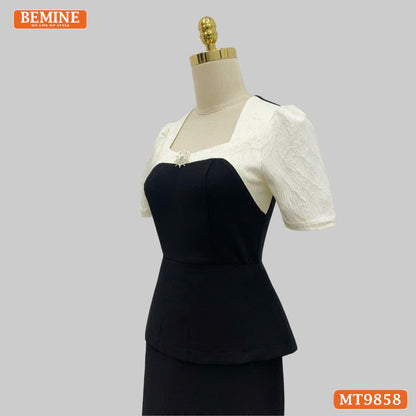 Đầm thiết kế BEMINE cổ vuông phối gấm peplum dáng liền bút chì MT9858