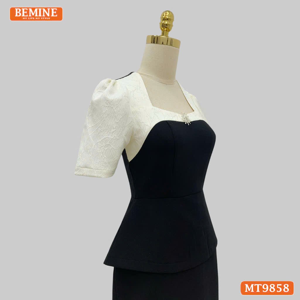 Đầm thiết kế BEMINE cổ vuông phối gấm peplum dáng liền bút chì MT9858