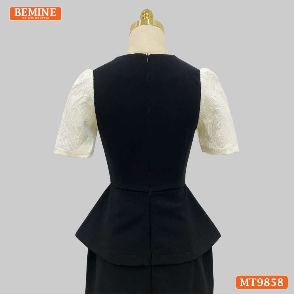 Đầm thiết kế BEMINE cổ vuông phối gấm peplum dáng liền bút chì MT9858